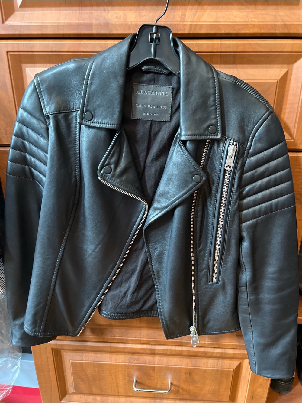 All Saints Black Quilted-Shoulder Leather Biker Jacket with Zip Pocket